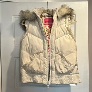 Betsey Johnson Cream Puffer Vest with Faux Fur Hood